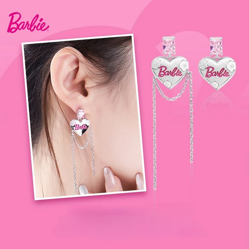 Pink Love-shaped Barbie Earrings 925 Sterling Silver Kawaii Barbie Pendant Jewelry for Girls Cute Cosplay Jewelry Accessories