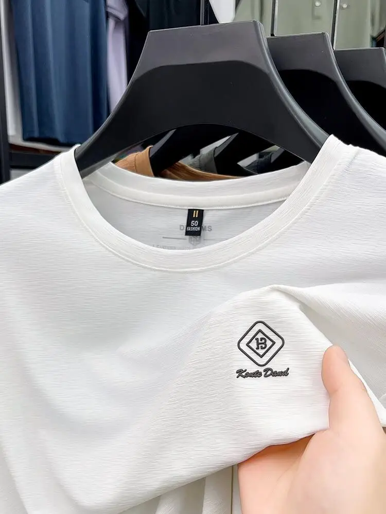 Summer solid color round neck high-quality cool quick drying short sleeved new sliding material high-end jacquard casual T-shirt