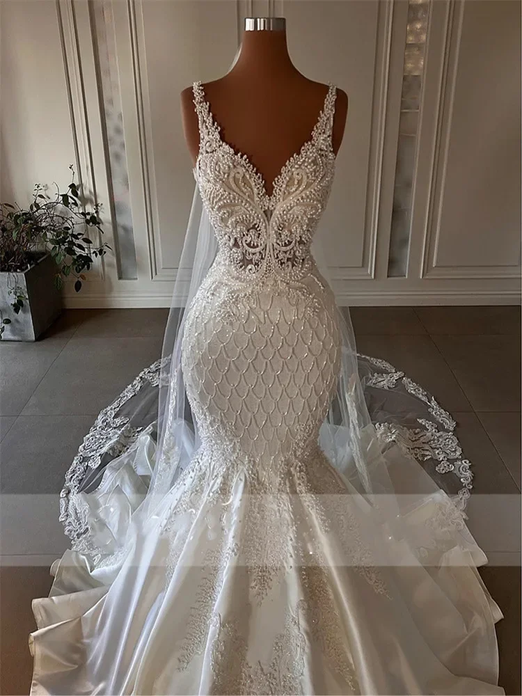 Customized V Neck Shinny Pearls Appliques Mermaid Wedding Dress Robe De Mariée Chapel Train Sleeveless Country Style Bridal Gown