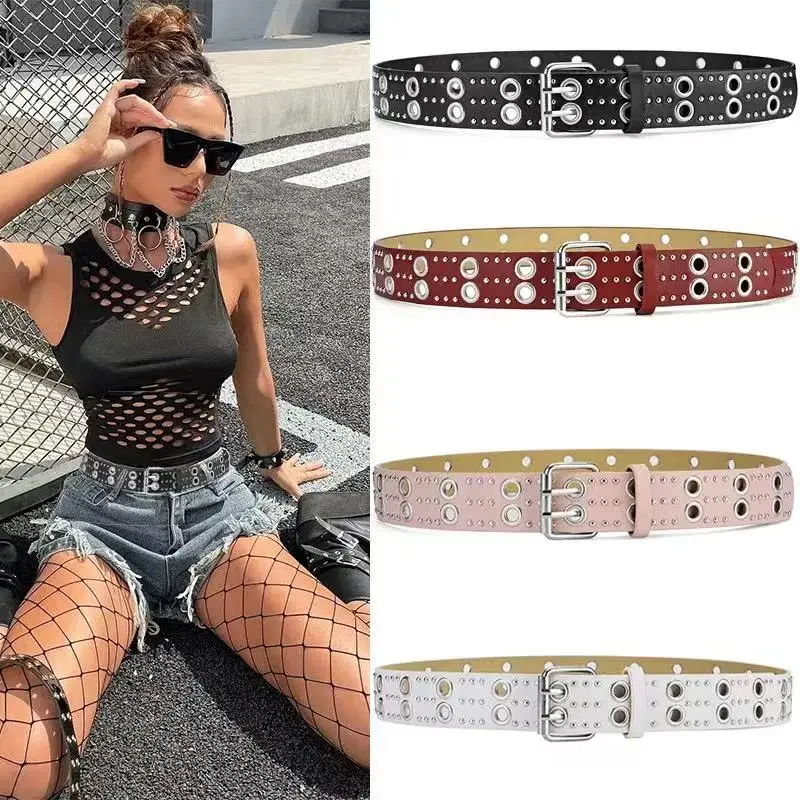 New Rivet Eye PU Belt for Women Y2K Style Minimalist Fashion Decoration Jeans Hollow Gothic Metal Belt Clothing Accessories