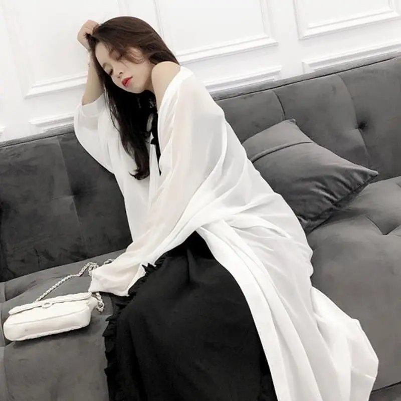 Korean Style Ultra-Thin Sun Protection Shirt Women's Midi Length Chiffon Open Cardigan Outer Shawl Loose Fashion Outerwear