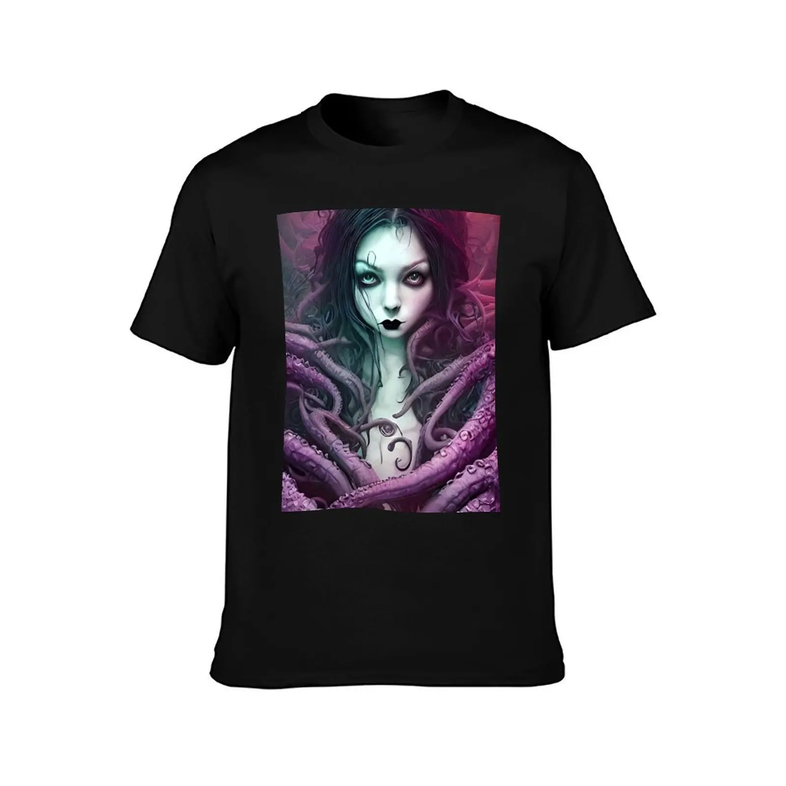A beautiful gothic girl with purple tentacles wrapped around her in a Cthulhu loving embrace T-Shirt