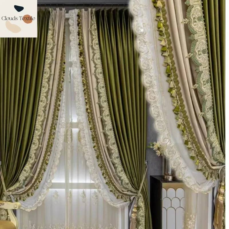 

European Olive Green Thickened Blackout Curtains for Living room bedroom High-grade Lace Velvet Wedding Room Curtains Customize