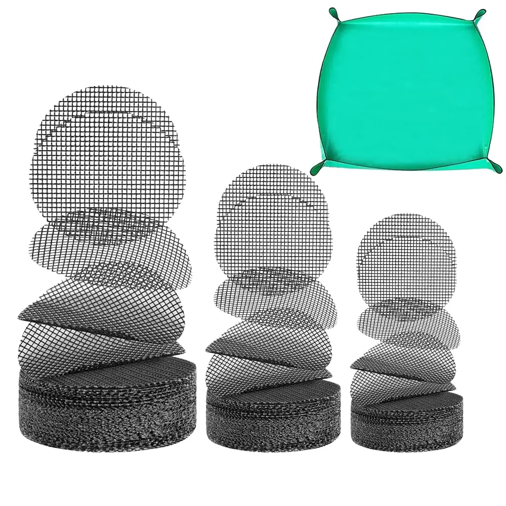 

150 шт. сетчатых подкладок для цветочных горшков, 2/3/4-дюймовые крышки для дренажных отверстий цветочных горшков с ковриком для пересадки, многоразовые сетчатые вкладыши для дна горшков