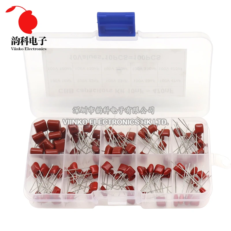 100pcs/lot 100V 10nF~470nF Metallized Polyester Film Capacitors Assortment Kit High precision and stability CBB capacitor set