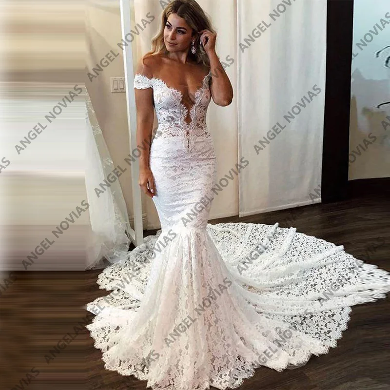 Angel Novias فستان زفاف دانتيل عاجي قبالة الكتف فساتين زفاف للعروس مخصصة على شكل حرف V فساتين نسائية أنيقة