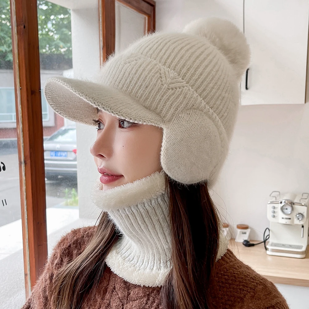 Women's New Wool Thick Warm Hat Set with Scarf Hair Ball Knit Cap