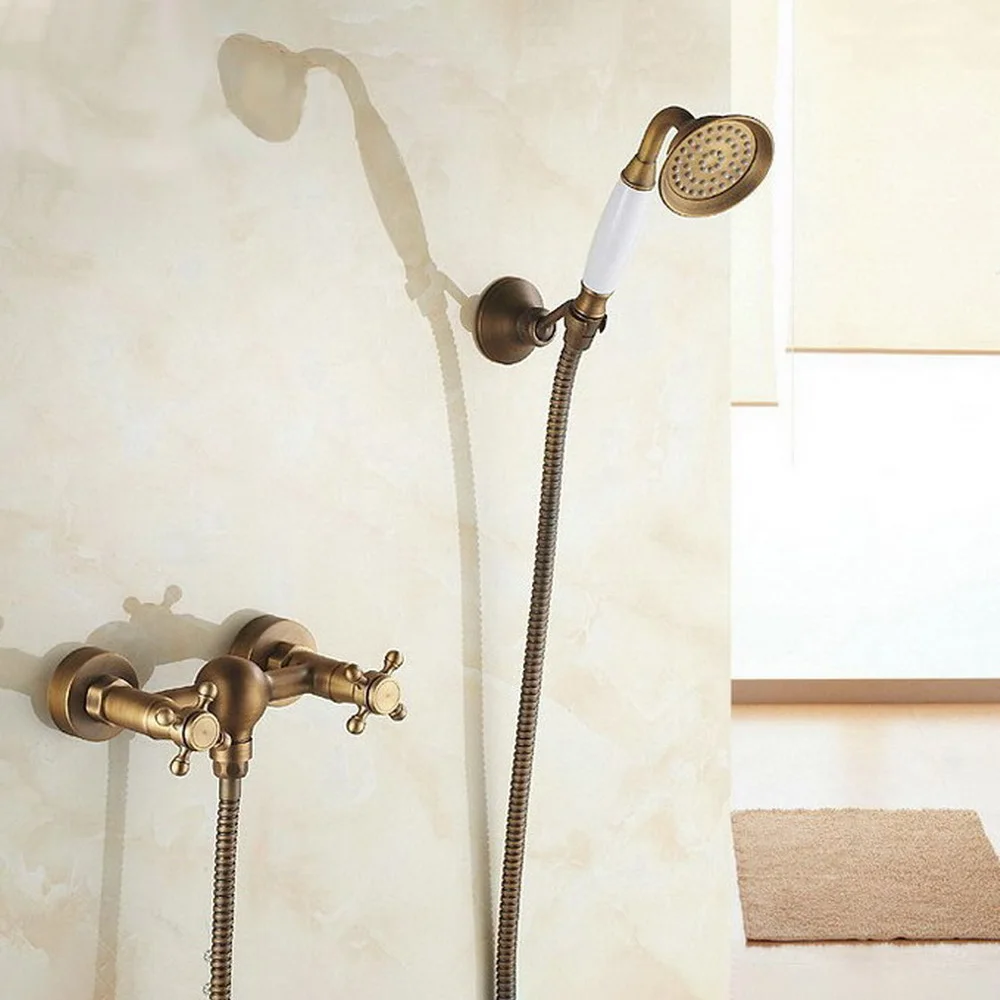 Antique Brass Wall Mounted Bathroom Dual Cross Handles Telephone Hand Held Shower set With Wall bracket &1.5m Hose atf300