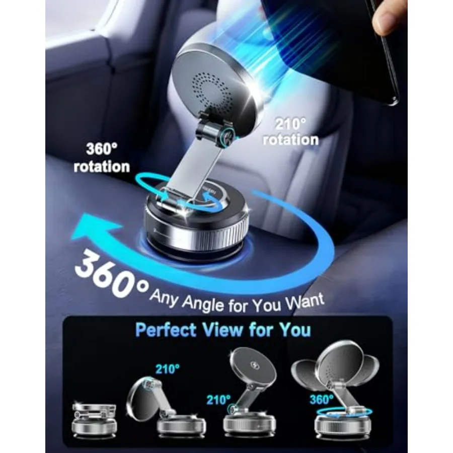 شاحن سيارة لاسلكي مغناطيسي سريع الشحن بقدرة 15 وات مع كوب شفاط مكنسة كهربائية قوي للغاية 120 رطل ومغناطيس عالي الأداء 3000 جرام فهرنهايت