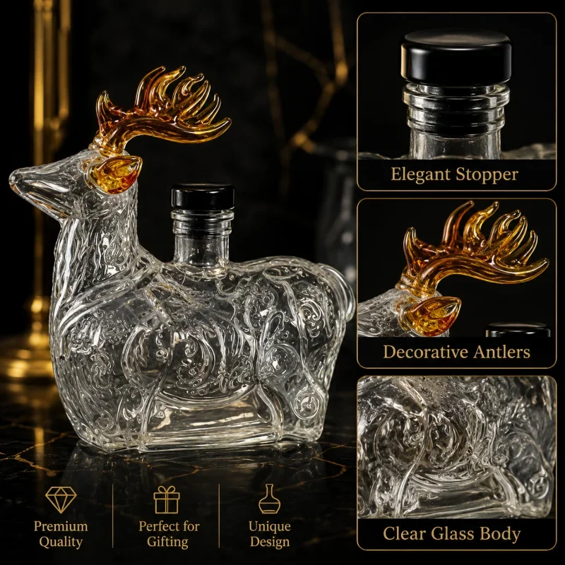 Stag DeerShaped Glass Whiskey Decanter, Animal Sculpture Liquor Bottle, Home Bar Display Ornament, Unique Gift for Whisky Lovers