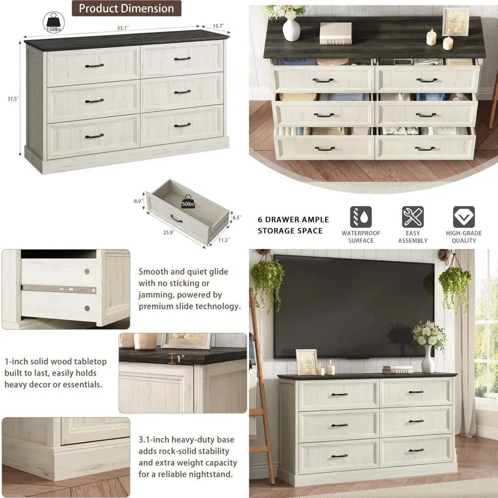 

6-Drawer White TV Stand with Large Doors & Bar Handles, Rustic Wood Chest for Bedroom, Living Room, Hallway, Entryway
