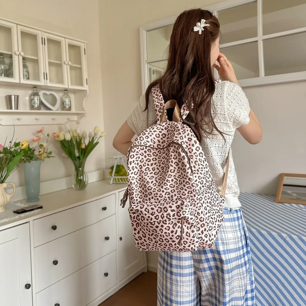 Unique Leopard Print Women Backpack Nylon Material Unique Style School Bag Lightweight Design Casual Daypack For Students