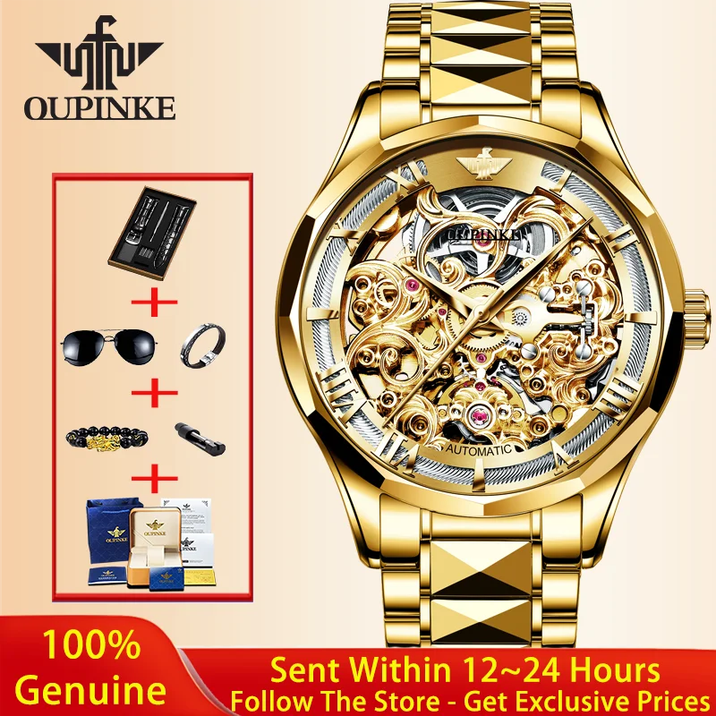 OUPINKE Gold Men Automatic Tourbillon Mechanical Watch Top Luxury Swiss Brand Tungsten Steel Hollow Men Watch Montre Homme