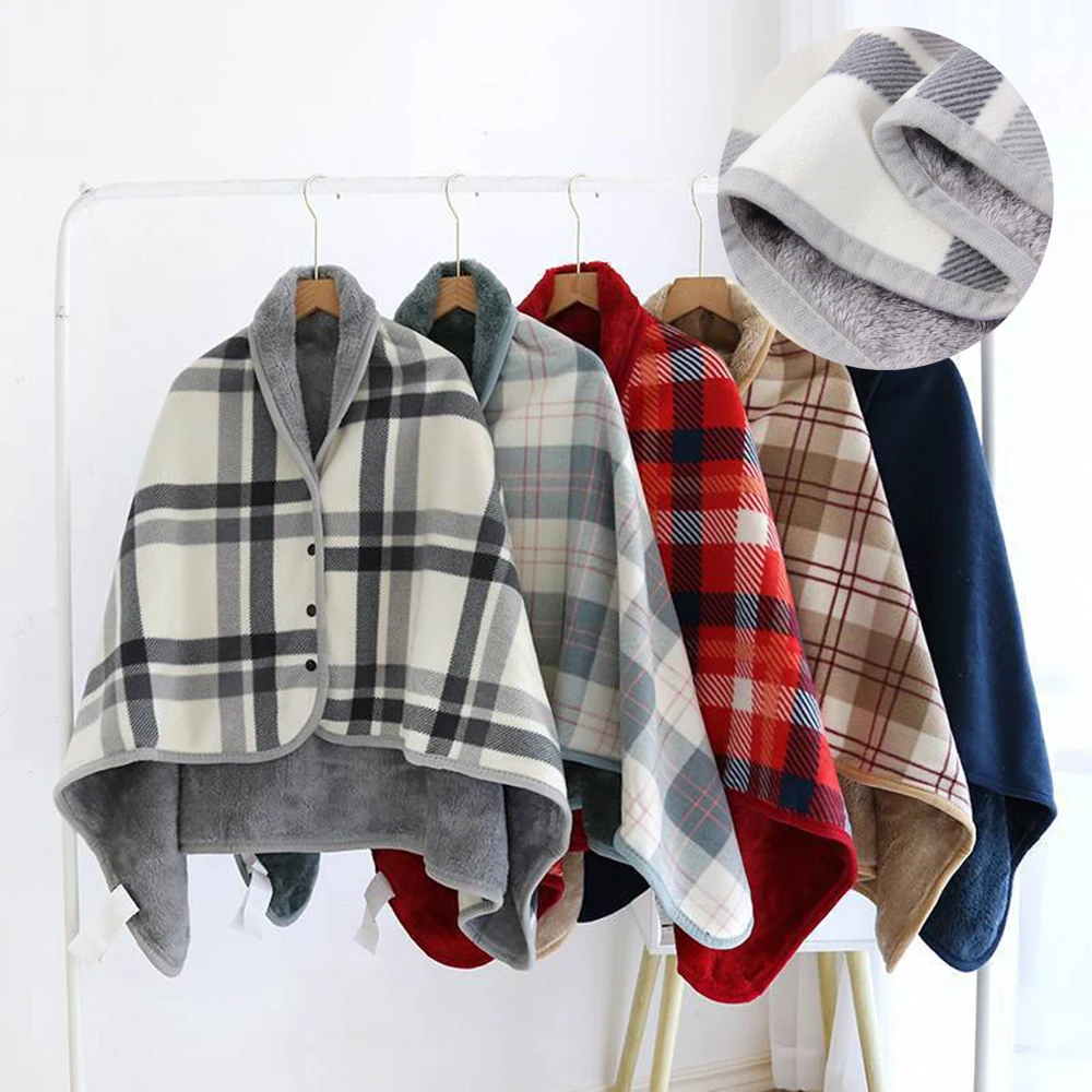 Winter Wearable Plaid Shawl Blanket with Button Warm Shawl Wearable Blanket Home Office Travel Soft Fleece Throw Knee Blankets