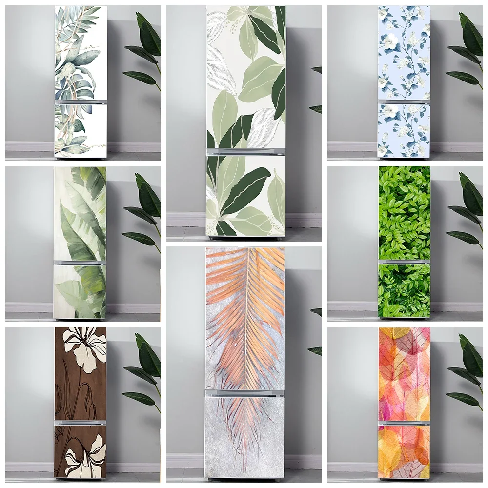 

Watercolor Palm Leaves Printed Refrigerator Door Cover Sticker Removable Waterproof Plants Leaf Pattern Fridge Door Art Decals