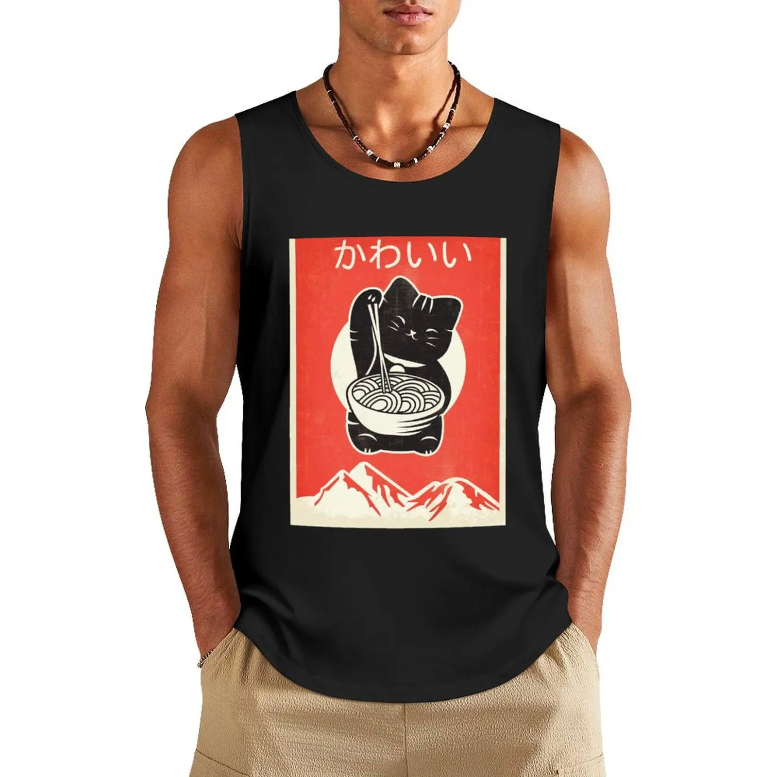 

Vintage Kawaii Cat Anime graphic Gift Retro Japanese Style Tank Top vests for men summer clothes t shirts