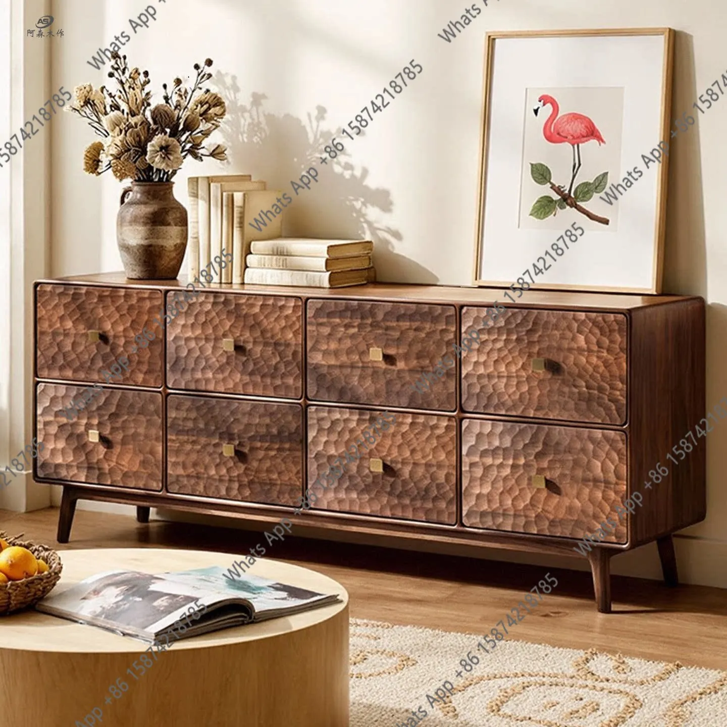 North American black walnut eight-bucket cabinet, carved stone mechanism pattern, living room TV cabinet, bedroom storage