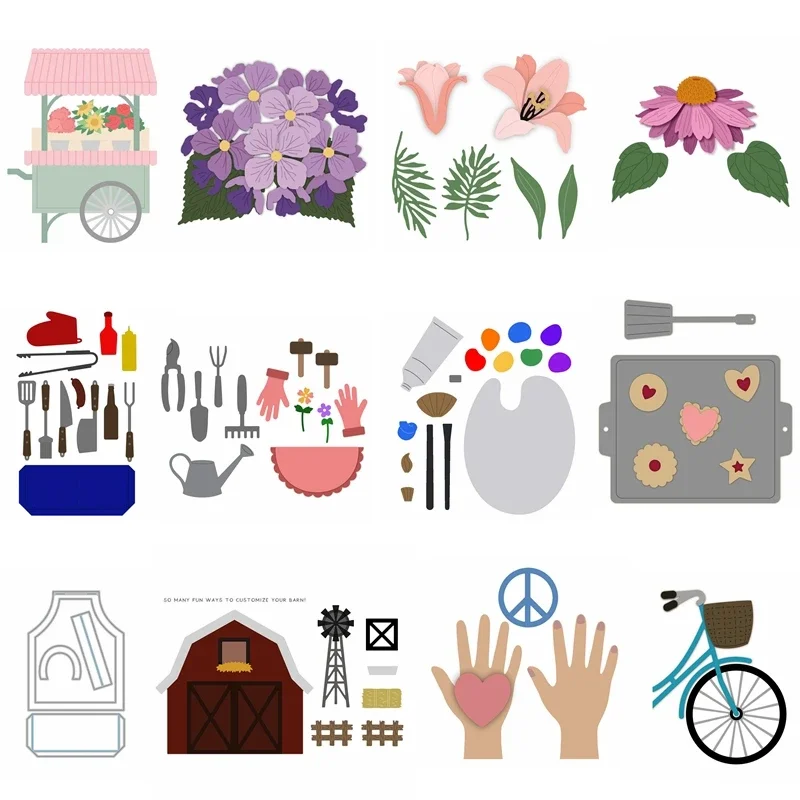 Flotadores utensilios de cocina herramientas de flores pintura mano bicicleta casa delantal troqueles de corte de Metal Diy álbum de recortes artesanía troquelado hacer tarjetas troqueles