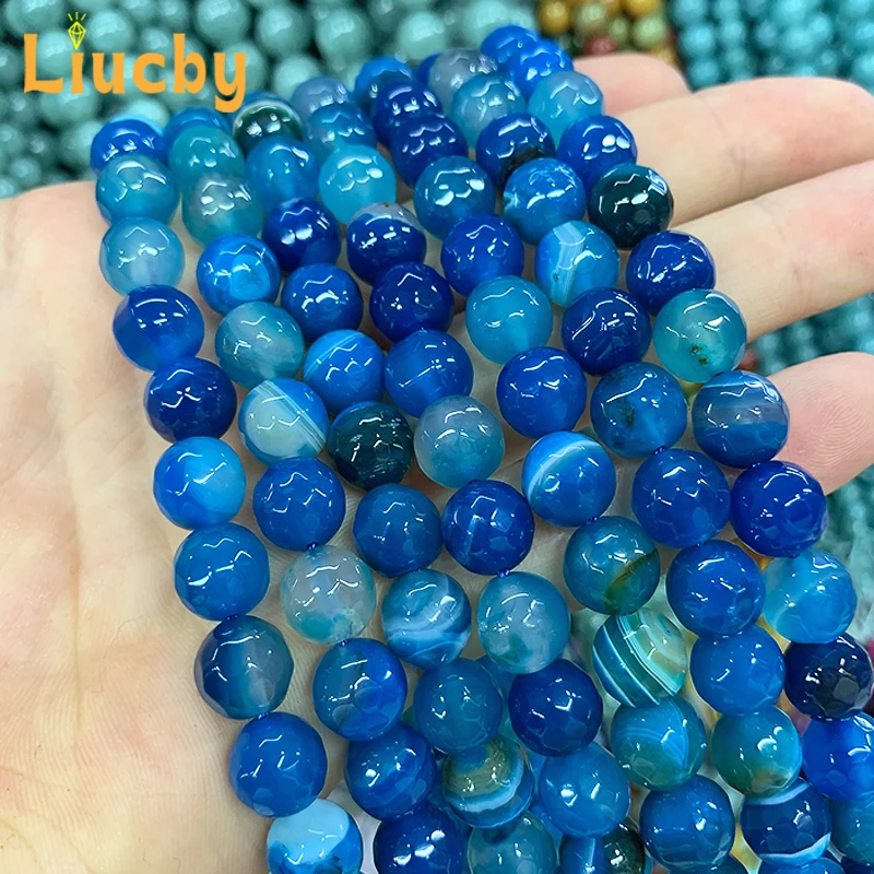 Edelstein facettierte blau gestreifte Achate Natursteinperlen für Schmuckherstellung DIY exquisite Kopfbedeckung Geschenk 15" Zoll 4/6/8/10/12mm – Detail 5