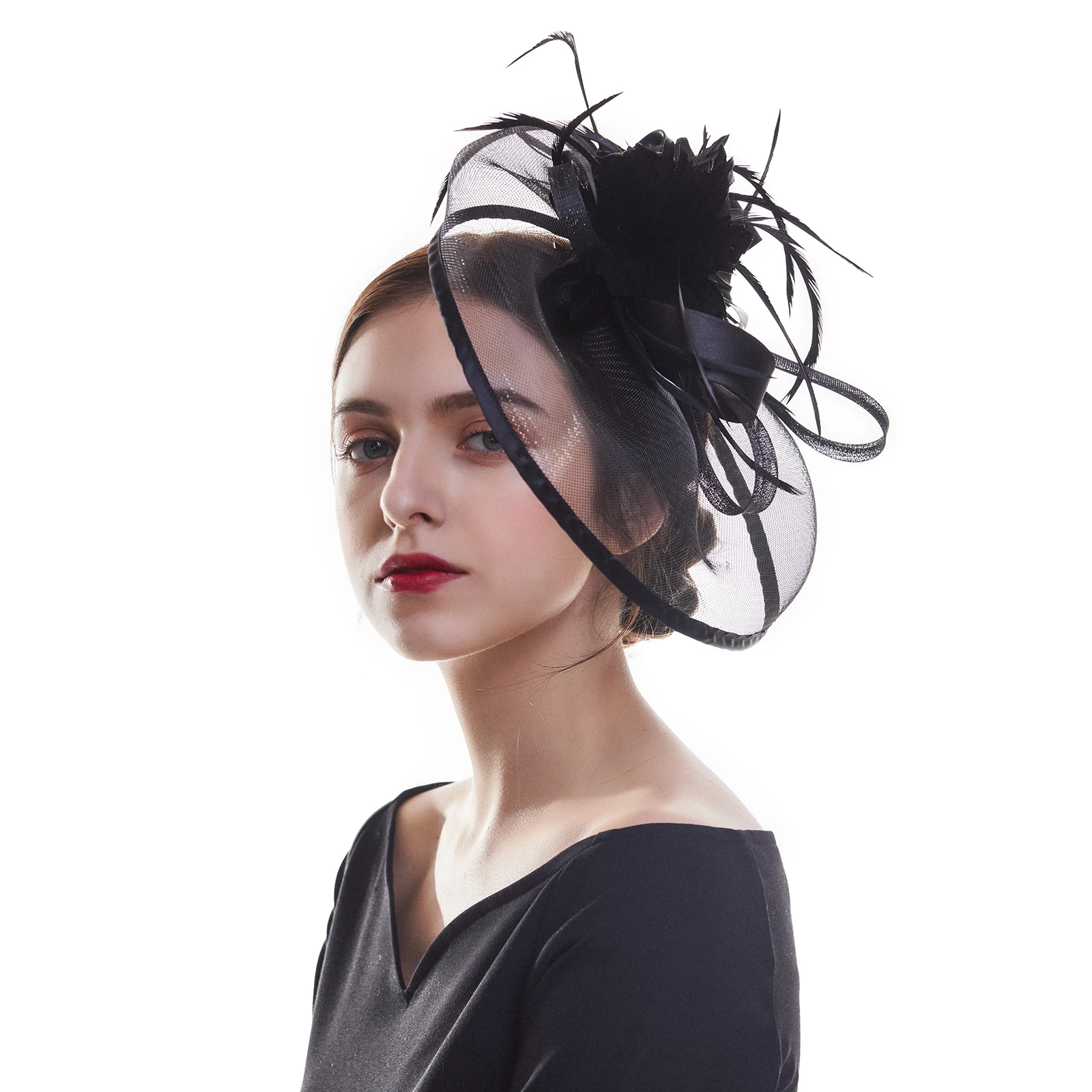 AWAYTR New Fashion imprezowa, koktajlowa czapka damska Sinamay Fascinator ślubna kościelna piórko kwiatowe włosy Fascinator opaska z kapeluszem