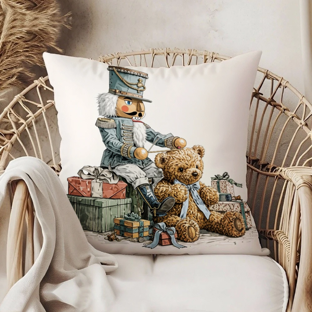 Square Throw Pillow Case White Nutcracker Soldier And Teddy Bear With Gift Boxes Print For Living Room Sofa Bedroom Home Decor