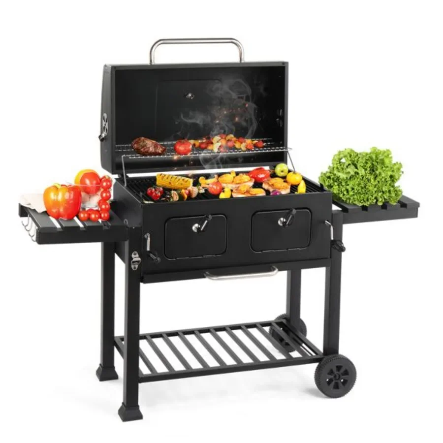 

Charcoal Grill Outdoor BBQ Grill Extra Large Cooking Area with Two Individual and Adjustable Charcoal Doors Foldable Side Table
