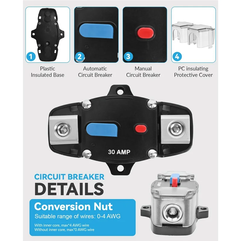 AB41-30 Amp Circuit Breaker Resettable High Amp Circuit Breaker With Manual Reset Button, Automatic Circuit Breaker