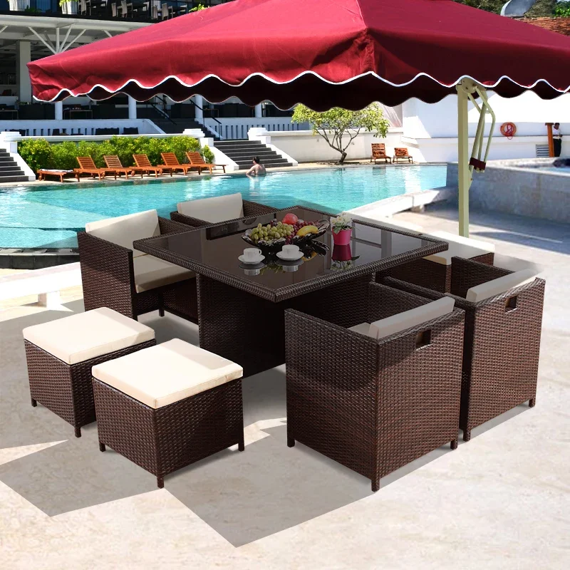 

# Modern Brown Patio Wicker Table 4 Seater Chairs Furniture Outdoor Garden Storage Rattan Aluminum 9 Piece Dining Sets #