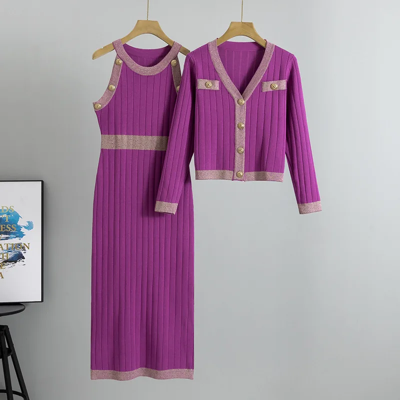Maglione cardigan da donna + abito lungo in maglia Abiti da 2 pezzi 2025 Set di abiti senza maniche con cappotto in maglione francese a maniche lunghe autunno inverno