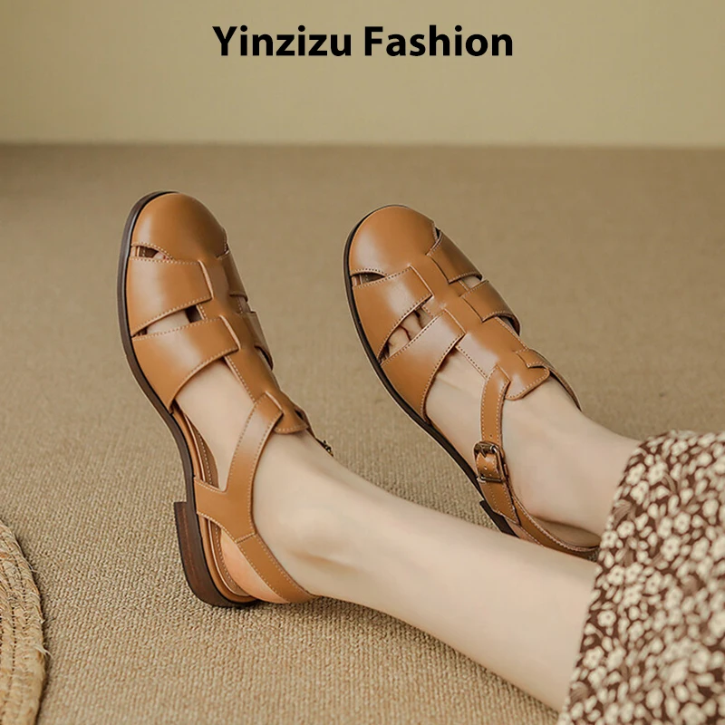 

HandMade Women Genuine Leather Sandals Retro T-strap Buckle Gladiator Sandal for Ladies Summer Casual Cutout Shoe High Quality