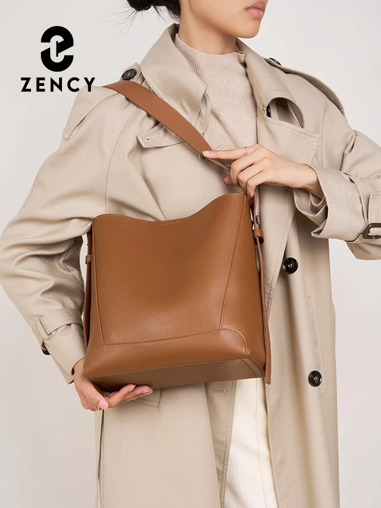 

Zency Two Layer Cow Leather Shoulder Bag Large Bucket Handbag Simple High Quality Women Bag