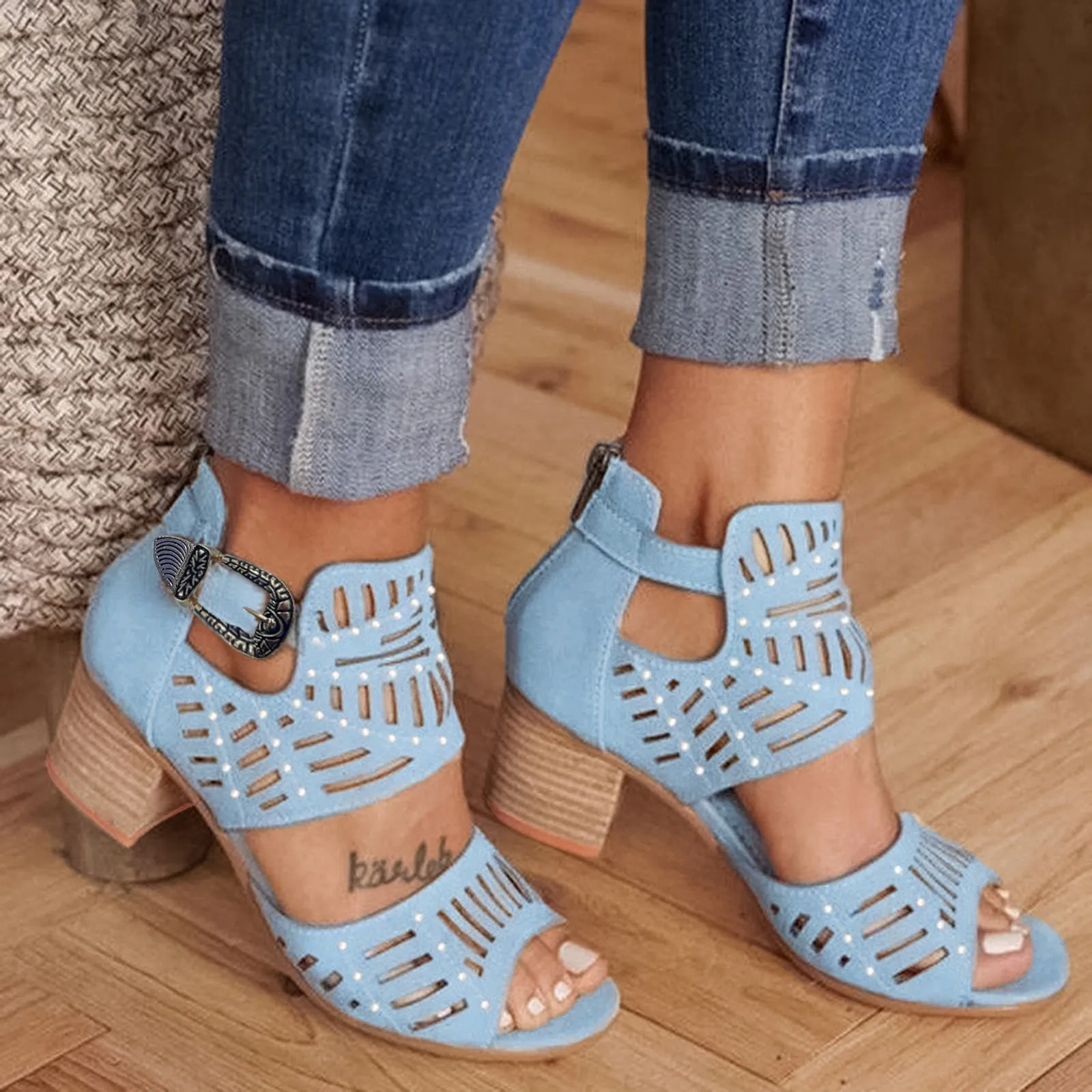 Women\'s New Rough Heel Fish Mouth Sandals 2024 Spring And Summer Fashion High Heel Hollow Out Sandals Large Size Casual Shoes