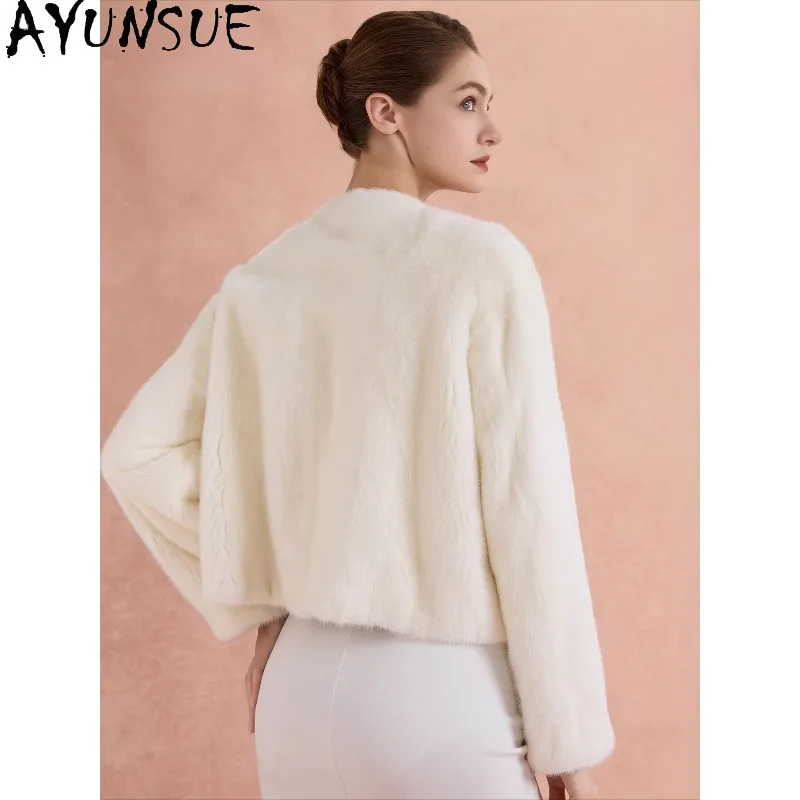 AYUNSUE Echt Minkbontjassen voor Dames, Saga Bontjas, Witte Bontjas, Elegante Buitenkleding voor Dames, Dameskleding, Manteau Femme