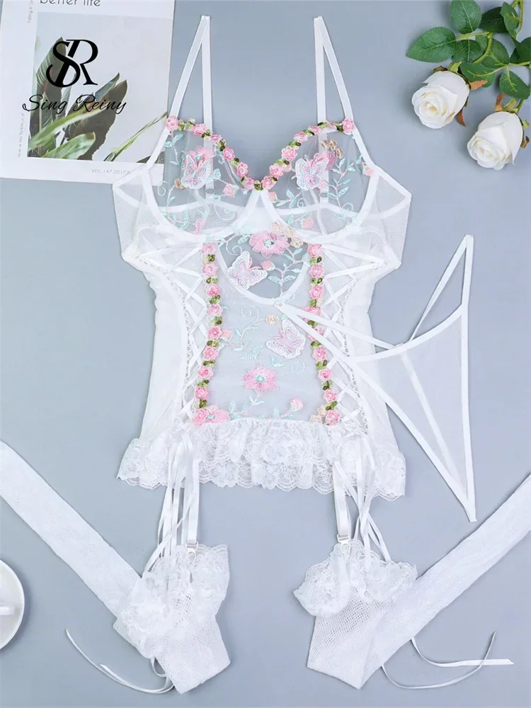

SINGREINY Embroidery Sweet Sexy NIghtsuits Strap Lace Up Patchwork Backless Floral Mesh Garter Sheer Shapewear Lingerie Suits