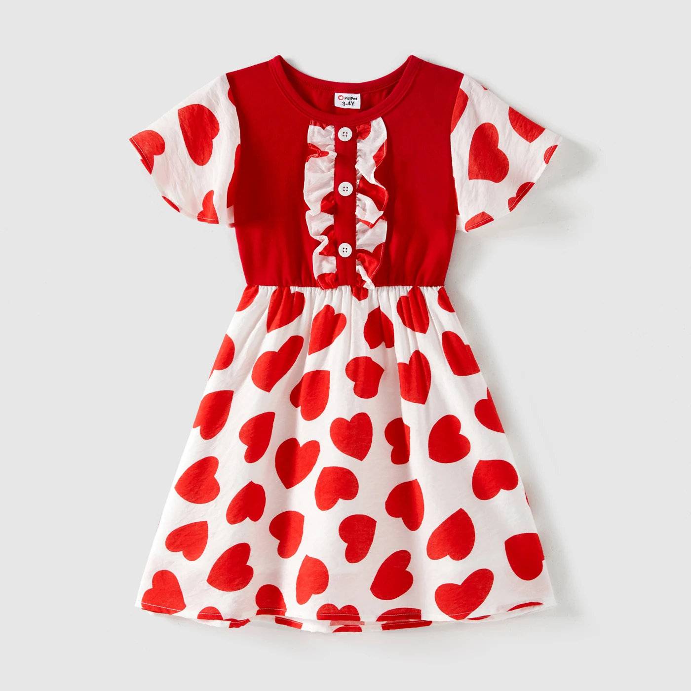 PatPat Family Matching 95% Cotton Short-sleeve Colorblock T-shirts and Allover Heart Print Dresses Sets