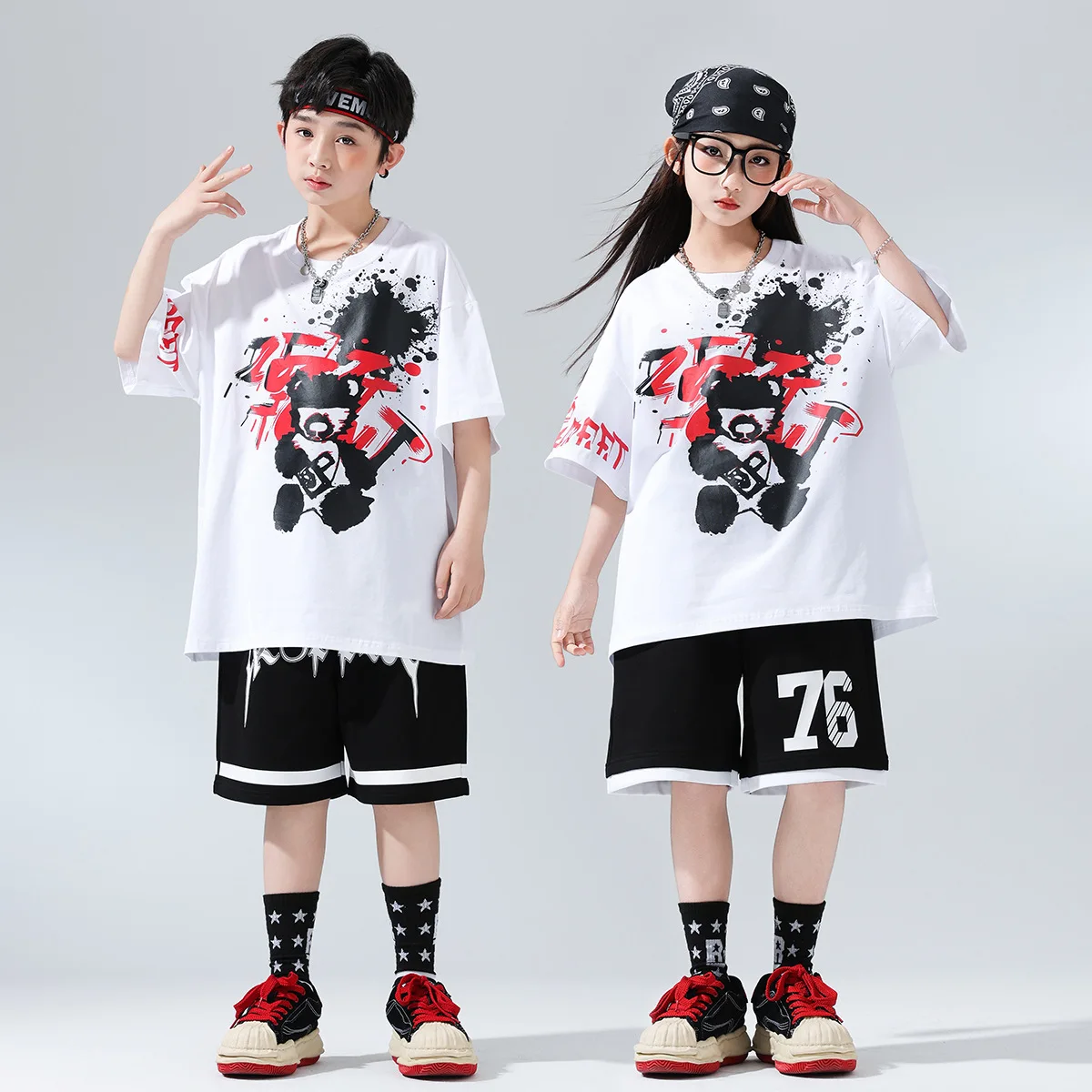 

Kid Kpop Hip Hop Clothing White Print T Shirt Top Black Casual Street Summer Shorts for Girl Boy Jazz Dance Wear Costume Clothes