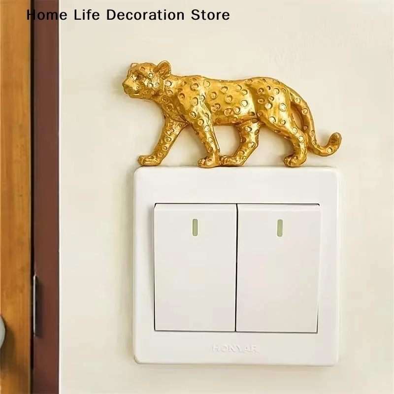 【H】Leopard Light Switch Decoration Resin Leopard Figurine Self-Adhesive Detachable Wall Sticker Switch Ornament Home Decor