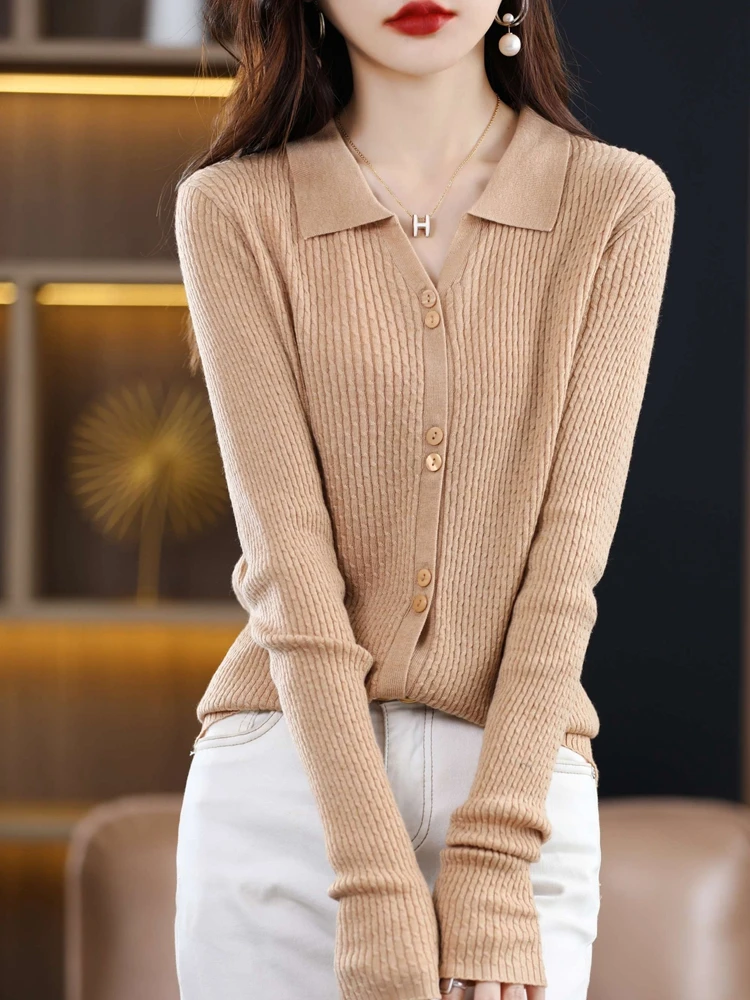 Women 100% Wool Slim Sweater Spring Autumn New Polo V-neck Twisted Flower Cardigan Fashion Casual Knitted Soft Jacket Tops