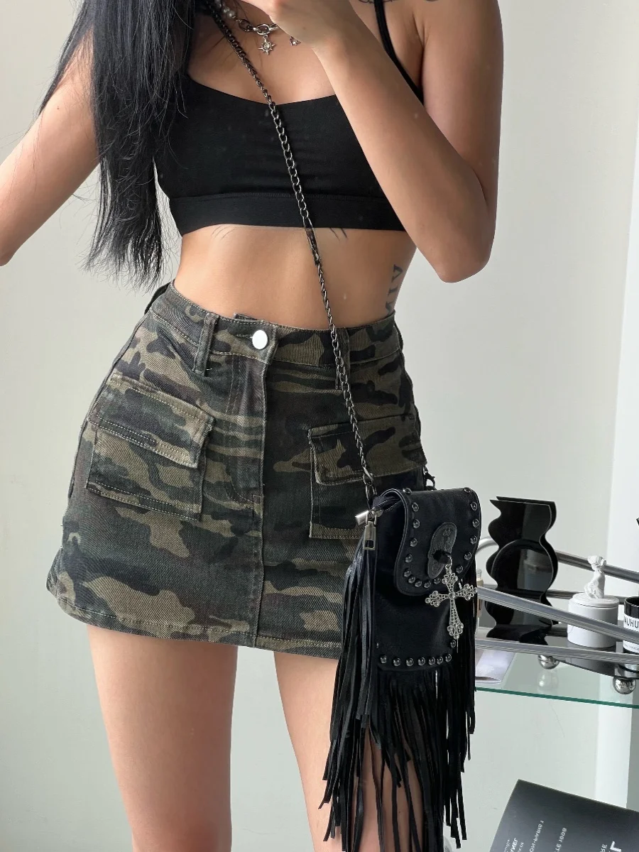 

High Waist A-Line Skirt Women's Trendy Camouflage Denim ort Skirt Street Sle Summer 2024 Cotton ket Work Skirt