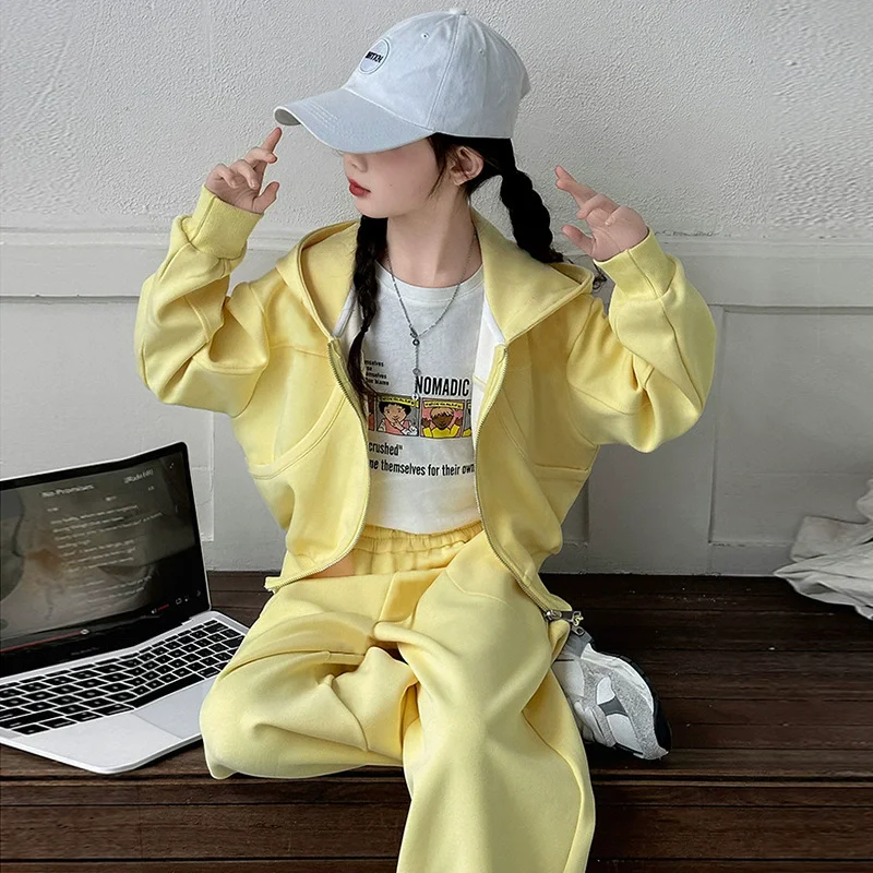 2026 Girls Crop Hooded Zip Sweatshirt Jacket+Sweatpant School Kids 2PCS Tracksuit Children Jogger Outfit Student Workout Set
