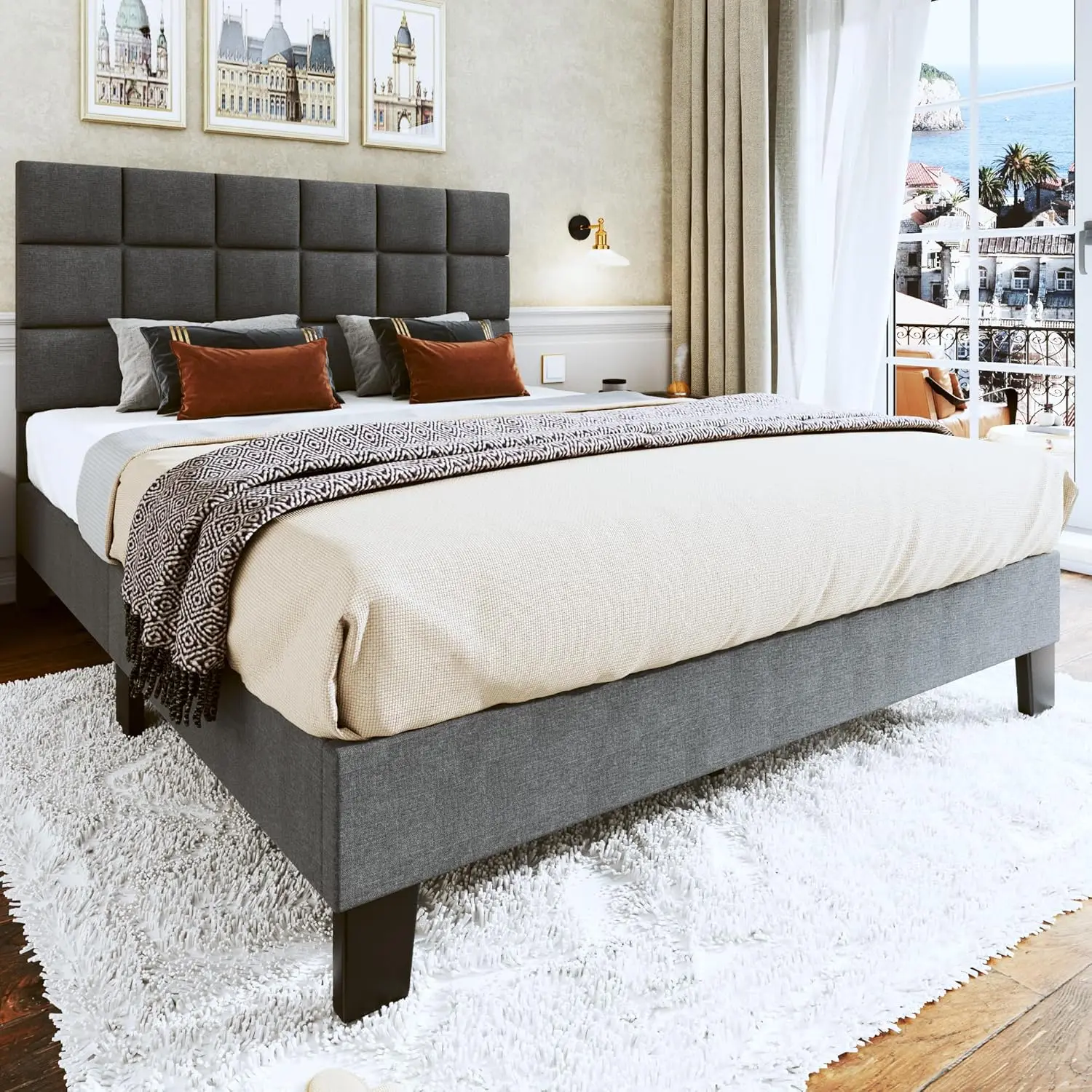 Frame Upholstered Platform w/Adjustable Headboard Linen Fabric Tufted Wooden Slats Support, No Box Spring Needed, Easy Assembly image 3