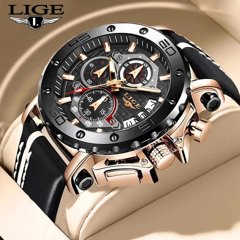 

New LIGE Design Top Brand Men's Sports Quartz Watches Big Stainless Steel Waterproof Chronograph Luxury Reloj Hombre+Box Gift