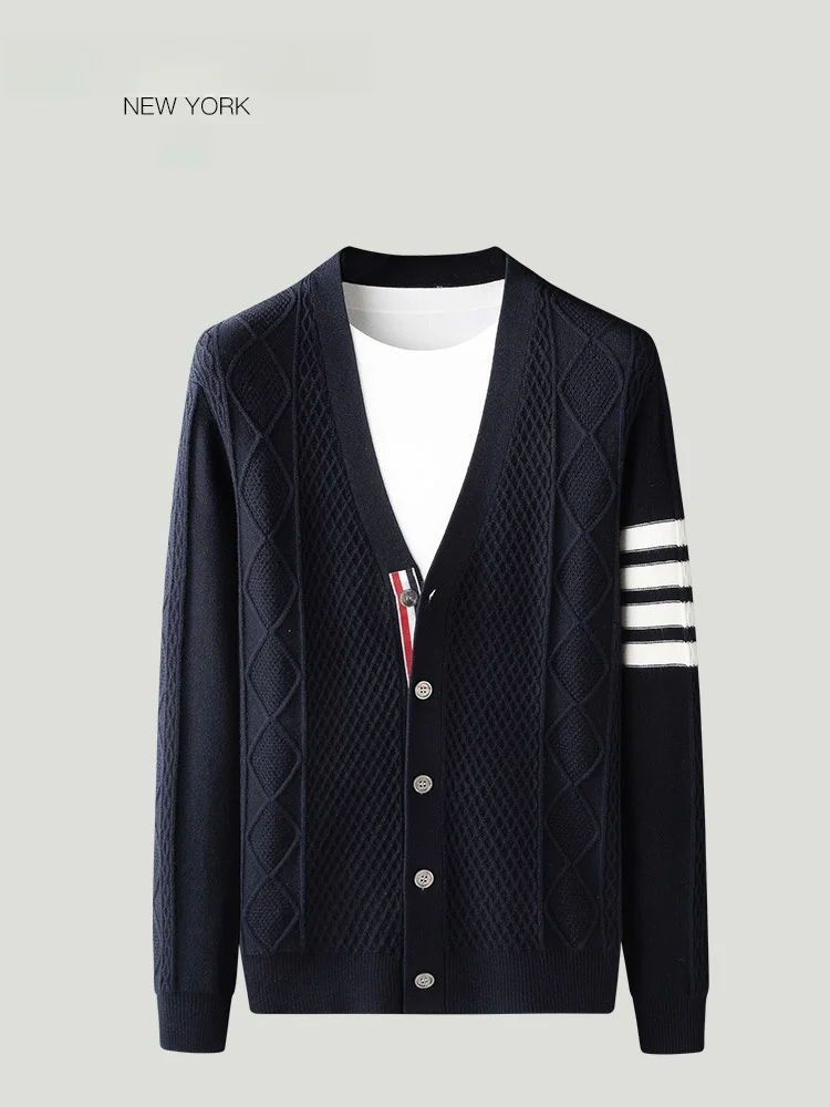 

Мужской классический вязаный шерстяной свитер с четырьмя полосками, зимний кардиган в полоску с цветными блоками, длинный рукав, этнический стиль, верхняя одежда