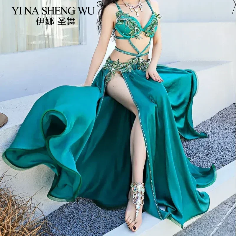 Egipski strój do tańca brzucha dla kobiet Profesjonalny strój do występów Luksusowa satynowa spódnica z podwójnym rozcięciem na pokaz konkursowy