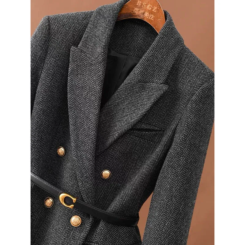 Comes With Belt A Vintage Wool Jacket For Women Autumn And Winter 2024 New Double-Breasted Temperament Female Long Sleeve Blazer