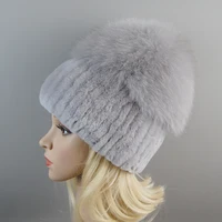 New Women Winter Luxury Real Rex Rabbit Fur Hat Knitted Rex Rabbit Fur Hat Top Natural Fox Fur Cap Genuine Fox Fur Beanies Hat - Image 3
