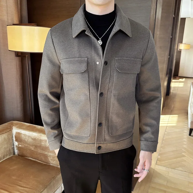 

Autumn/Winter Men Neck Jacket Fashion Slim Fit Coat HighQuality Checkered Multi Pocket Korean Casual Jacket