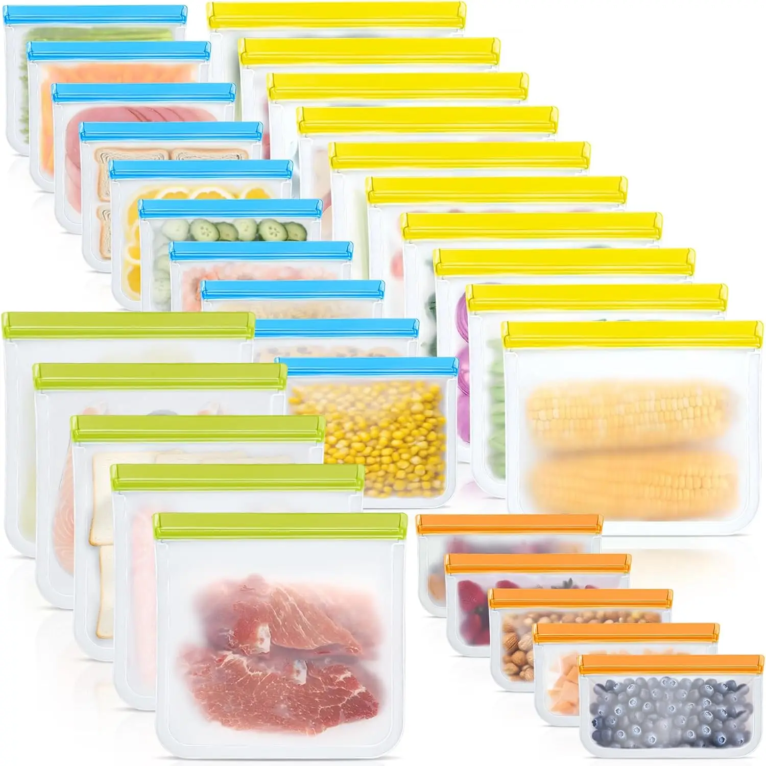 

30 Pack Reusable Silicone Food Storage Bags, 4 Sizes Leakproof Dishwasher Safe for Freezer Lunch Sandwich Meat Fruit