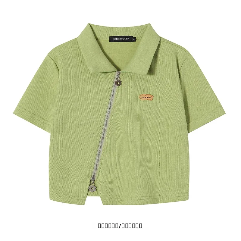 

Brand Tea Green Floral Zipper Design Short Style College Fashion Spicy Girl Belly Shirt Summer Casual Standard Fit