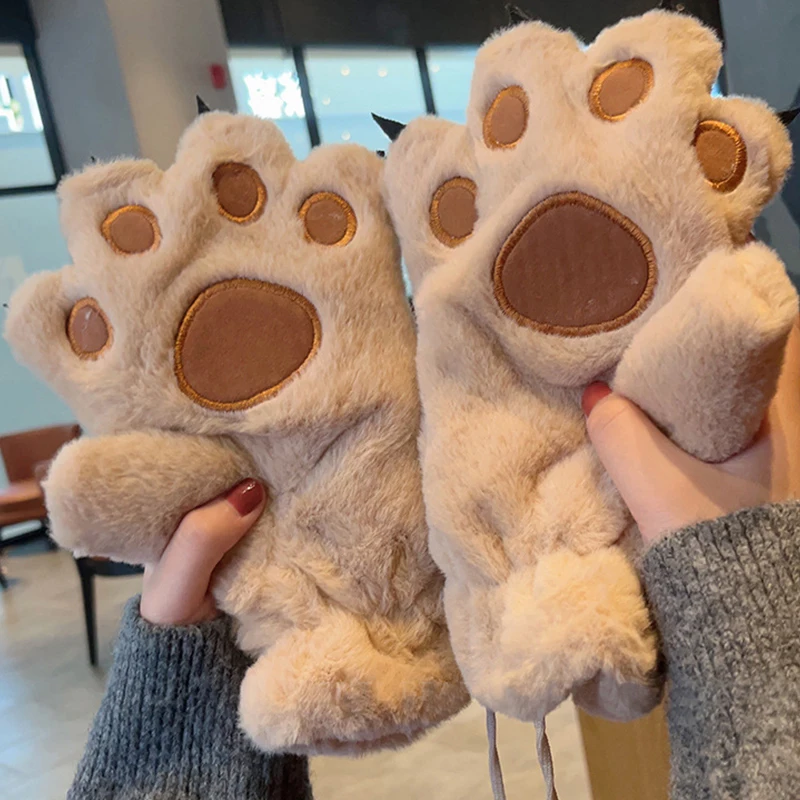 Lovely Plush Cat Claw Paw Gloves Plush Mittens Warm Soft Plush Short Fingerless Fluffy Bear Gloves Costume Half Finger Gloves